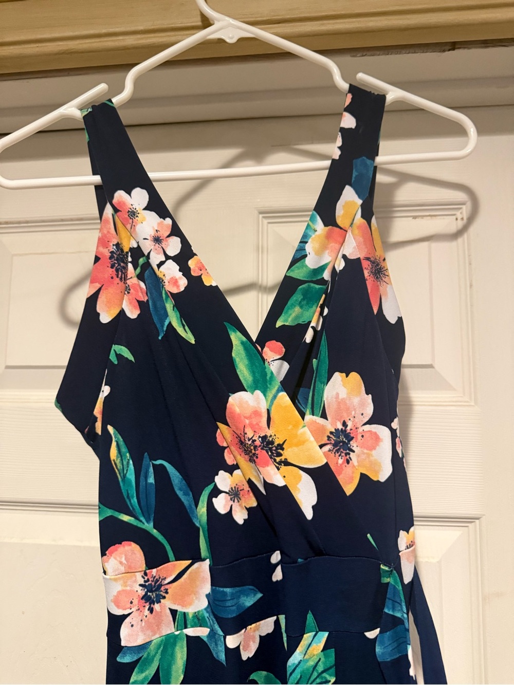 Market & Spruce Navy Floral Wrap Dress with Coral and Yellow Blooms